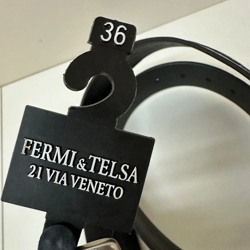 Fermi & Telsa Mens Black Embossed Leather Belt Size 36 Made in USA NEW